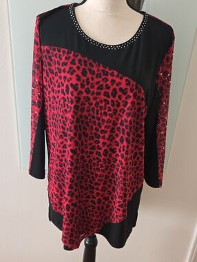 Serengeti Red and Black Leopard-Print Tunic with Rhinestone Neckline and Sleeves